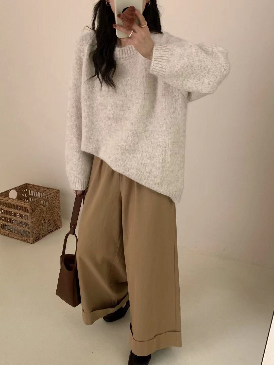 Beige Long-sleeved Thickened Sweater Top
