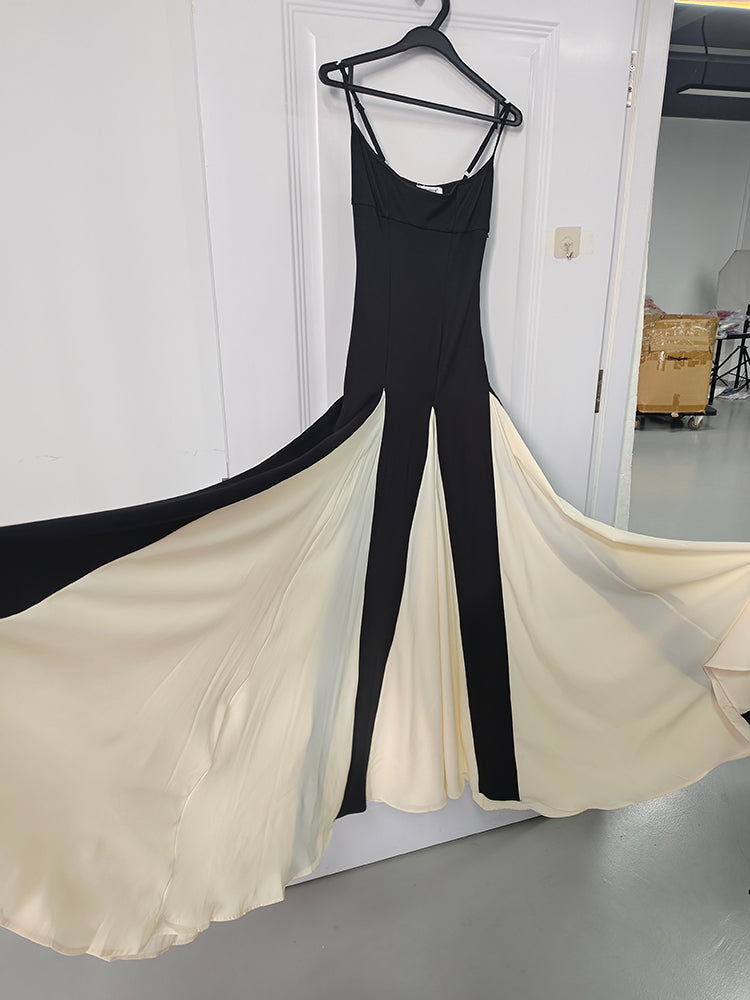 Black and White Stitching Dress Women Summer Sleeveless Suspender Long Dresses-PUT-200