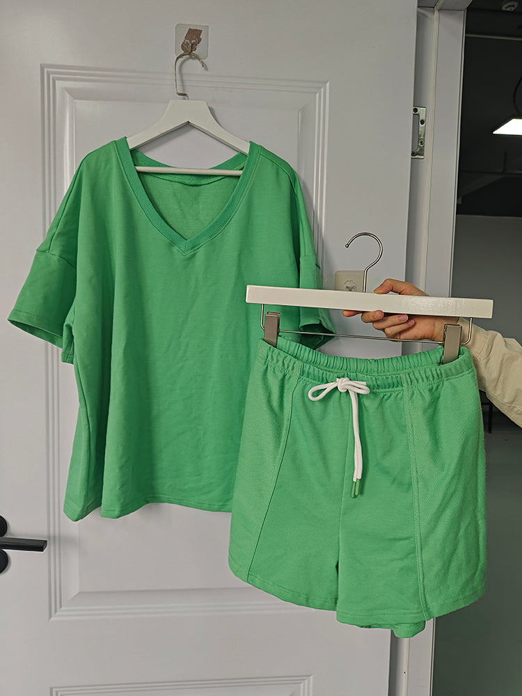 2025 Summer Solid Color Casual Women Suit Drawstring Loose Short-sleeved Shorts Two-piece Suit-BK1981