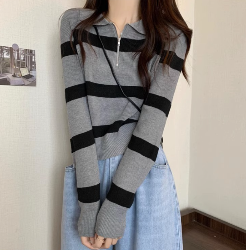 Zippered Sweater with Striped Knitted Sweater Underneath