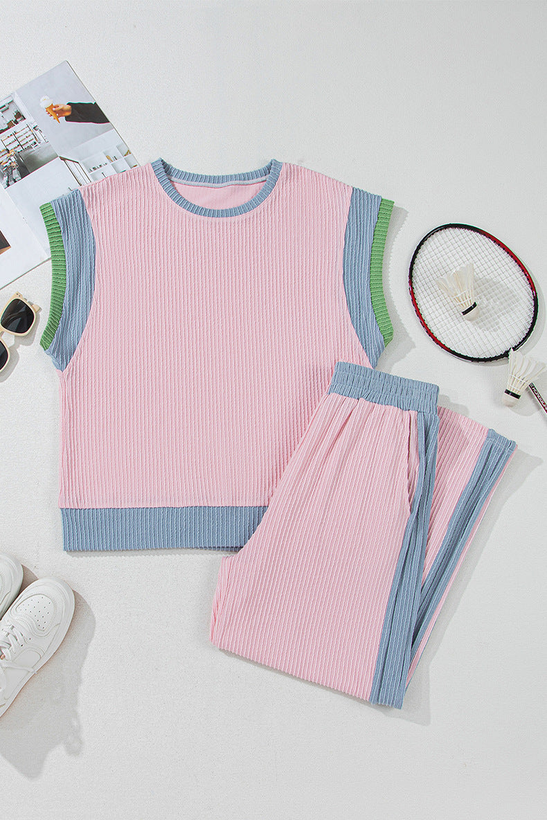 2025 Summer Textured Casual Women Suit Fashion Colorblock Loose Short Sleeve + Long Pants Two-piece Set-BK1980