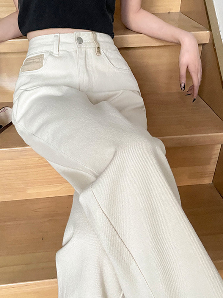 Women's Straight Wide Leg White Jeans-ABP3010BL