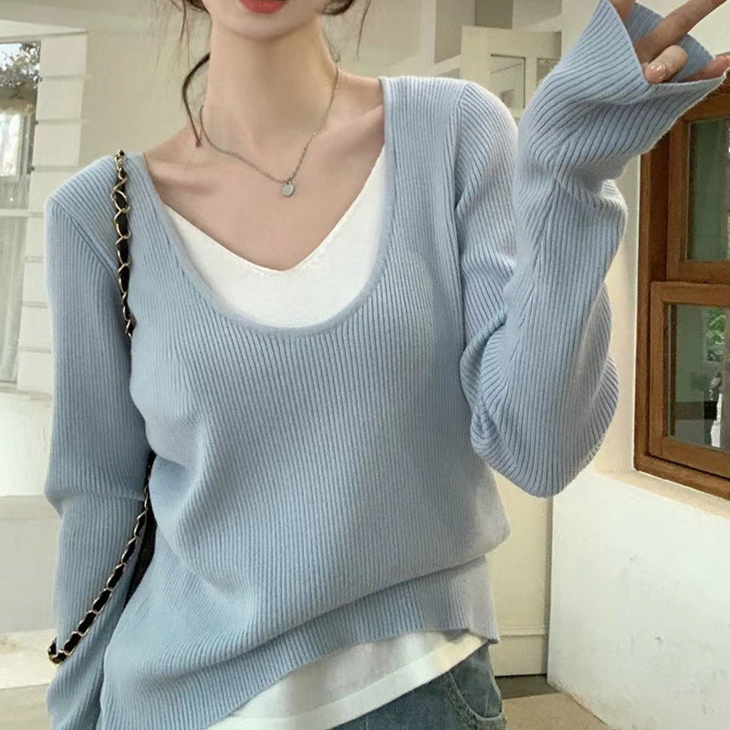 Women's V-neck Fake Two-piece Top with Contrasting Colors Knitted Long Sleeves Shirts-ABS2497BK