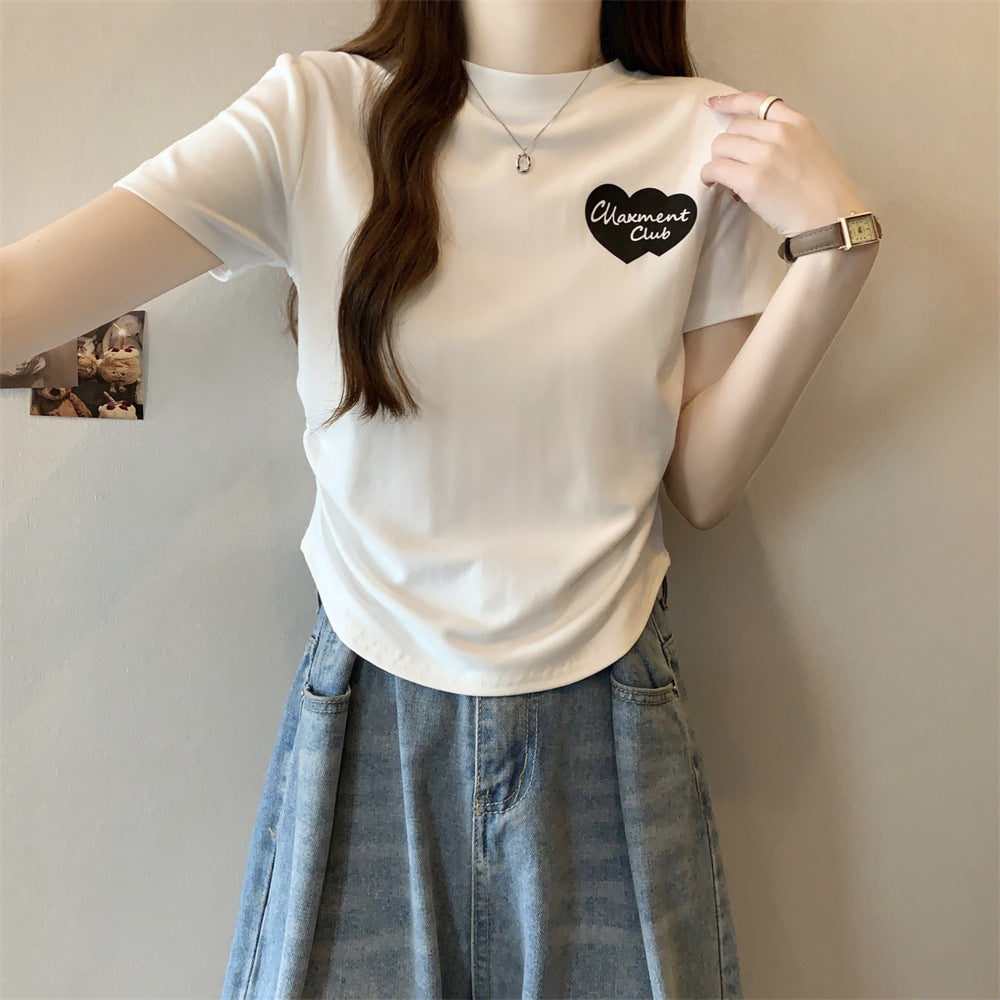 2025 Summer Short Sleeve Cotton Heart Printed T-Shirt-SPF-228