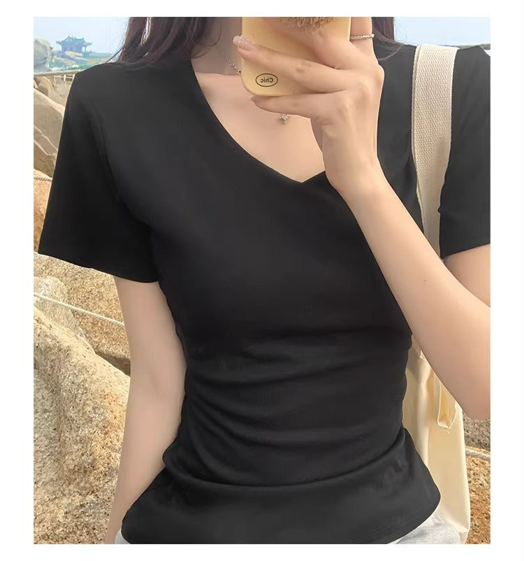 Women's Black V-neck Short-sleeved T-shirt-SP&R-107