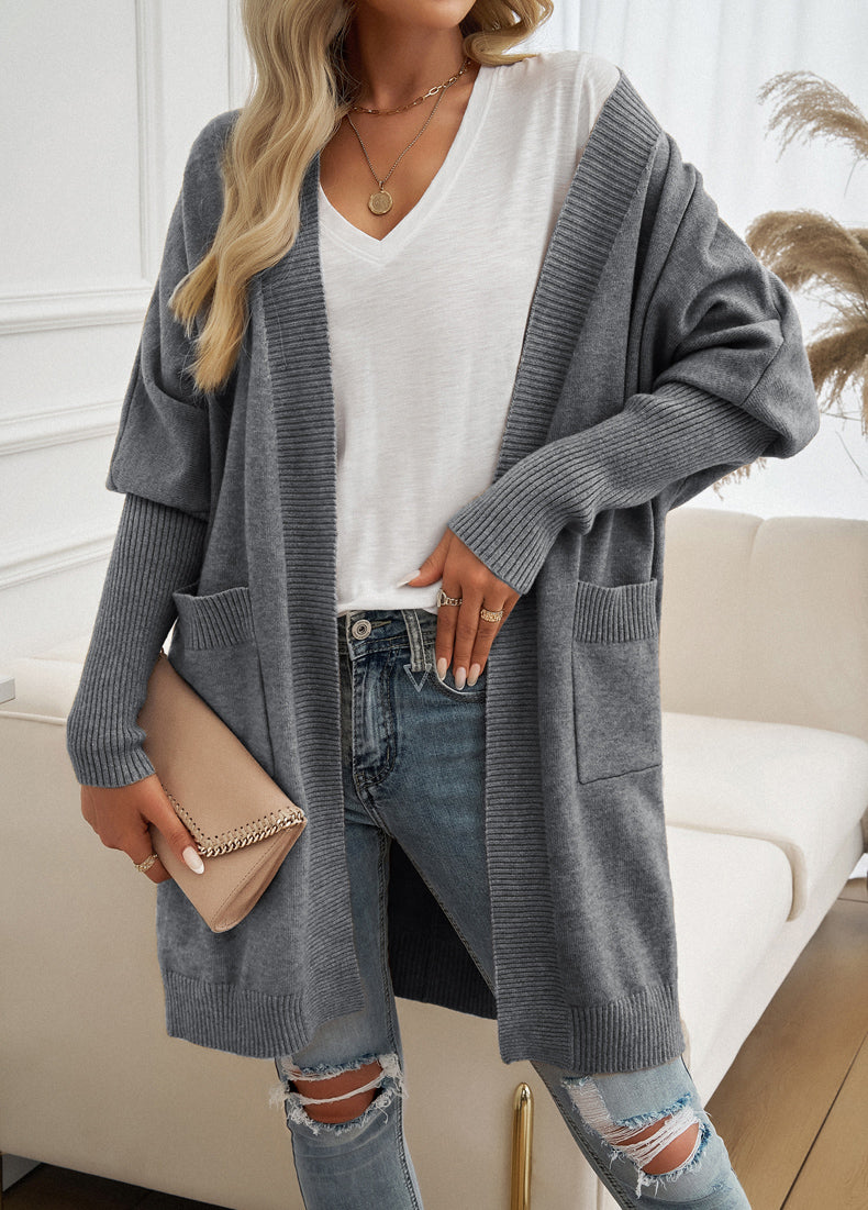 Batwing Sleeve Cardigan Solid Color Sweater Jacket