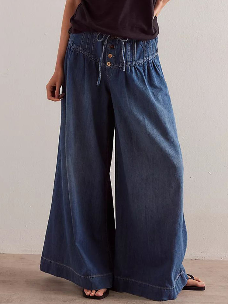 Women's Pleated Mid-waist Tie Loose Wide-leg Jeans
