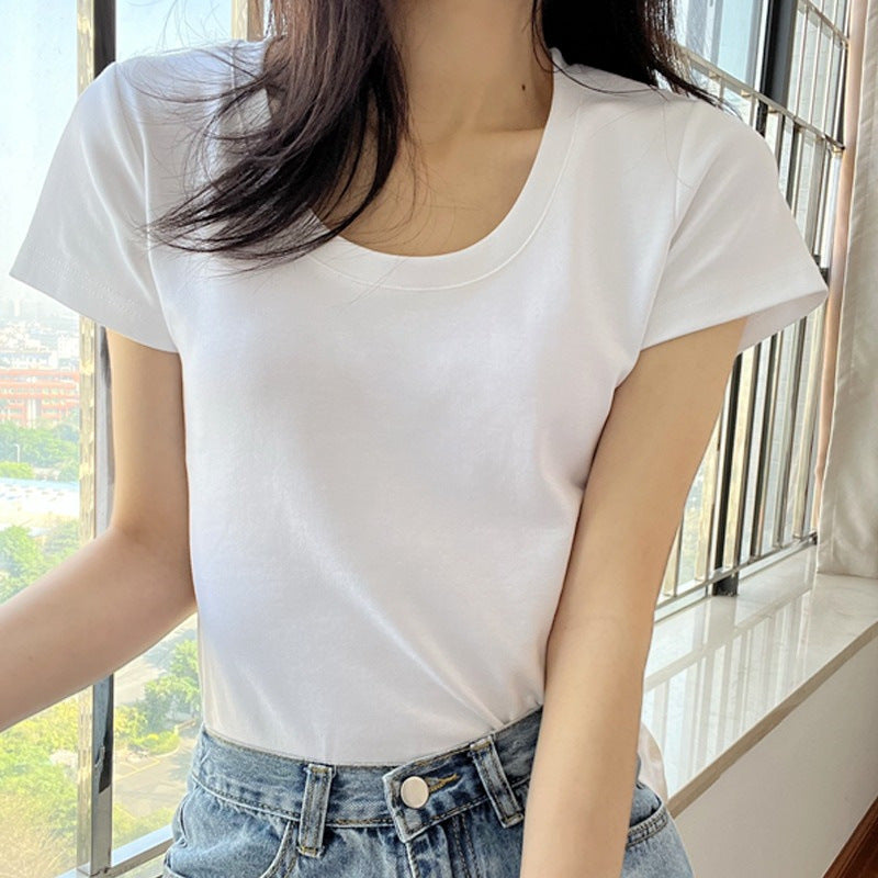 【Clearance】Simple U-neck Short-sleeved T-shirt Women--FP8085WT