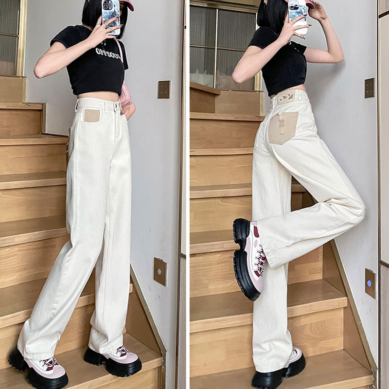 Women's Straight Wide Leg White Jeans-ABP3010BL