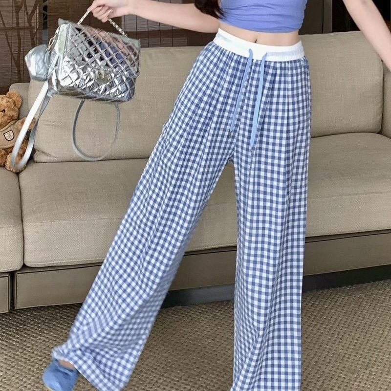 Women's Multi-color Plaid Wide-leg Pants-MO160