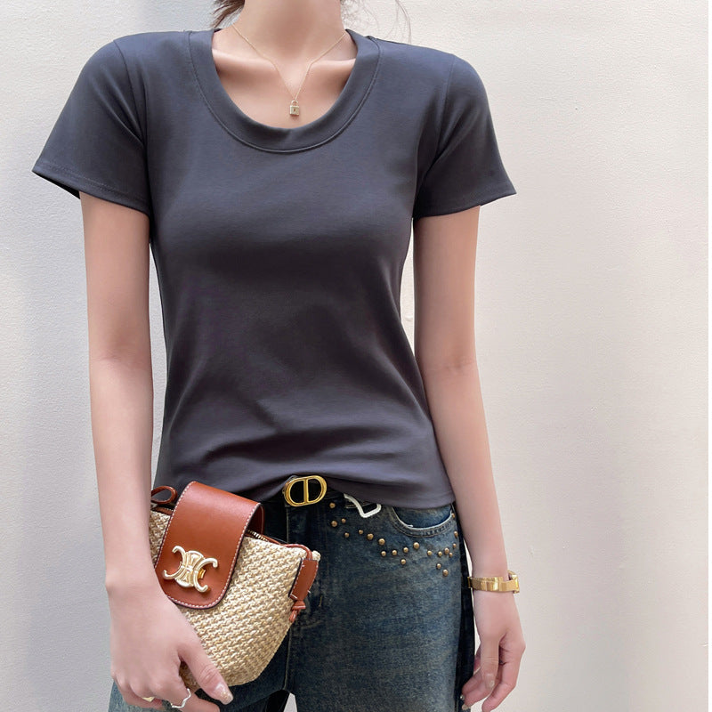 Women's Cotton Round Neck Straight Shoulder Short Sleeve T-shirt-SP&R-100