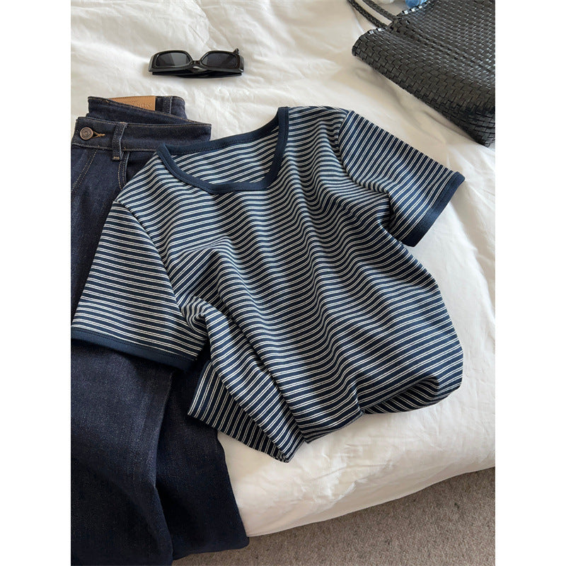Women's Contrast Color Striped Short Sleeves T-Shirts-ABC21GY