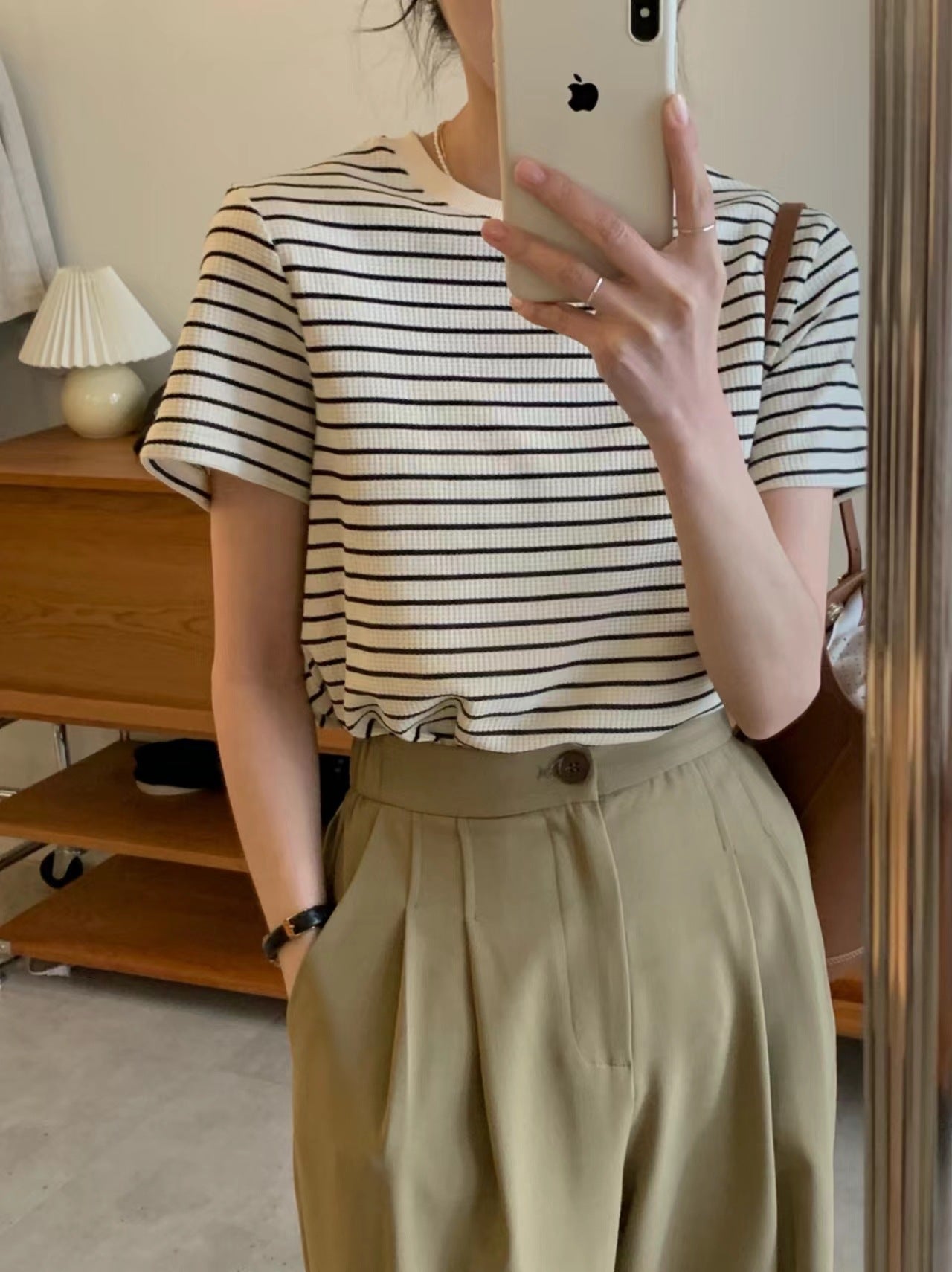 Women's Cotton Waffle Striped Short-sleeved T-shirt