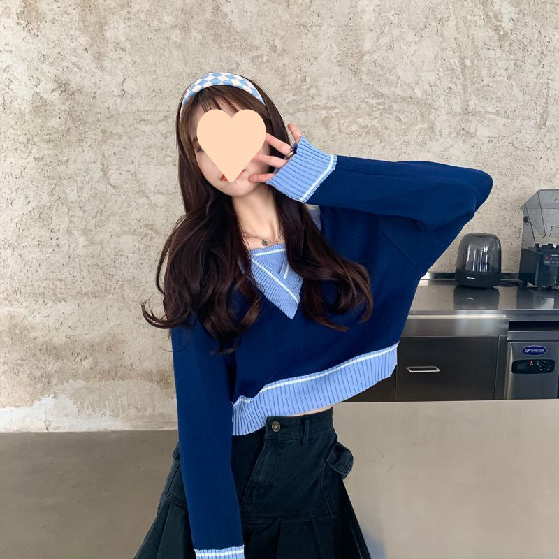 Women's Autumn Long Sleeve Knitted Sweater Navy Blue