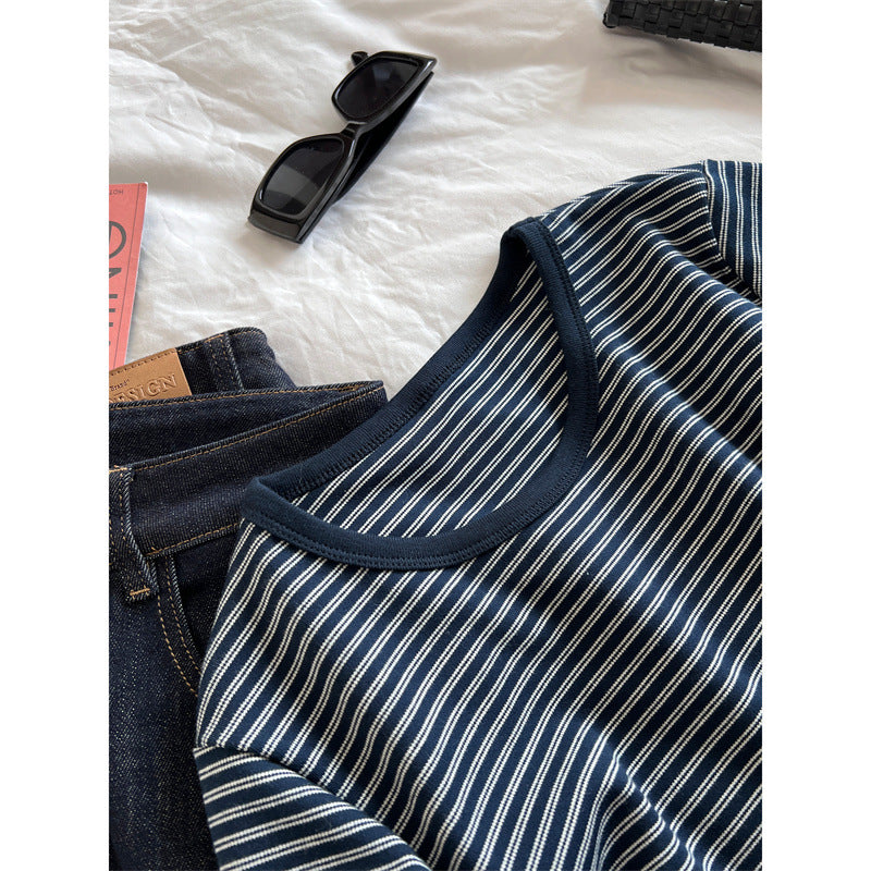 Women's Contrast Color Striped Short Sleeves T-Shirts-ABC21GY
