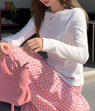 【Clearance】White Jacquard Textured Round Neck Long-sleeved T-shirt-FP8097WT