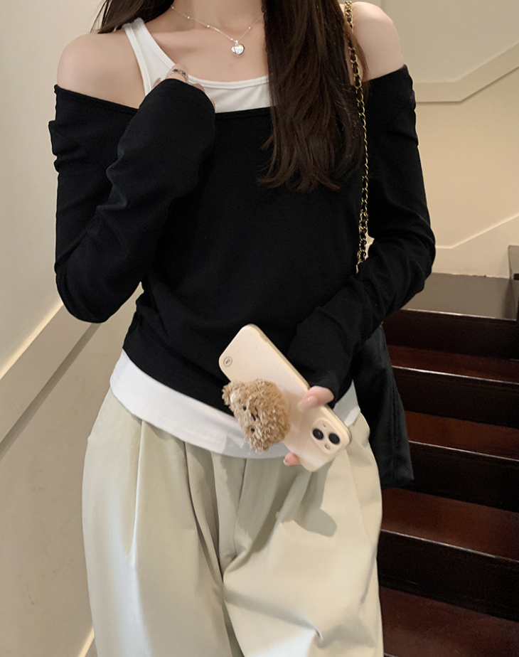 Women's Patchwork Long Sleeve Bottoming T-shirt-ABS2505BK