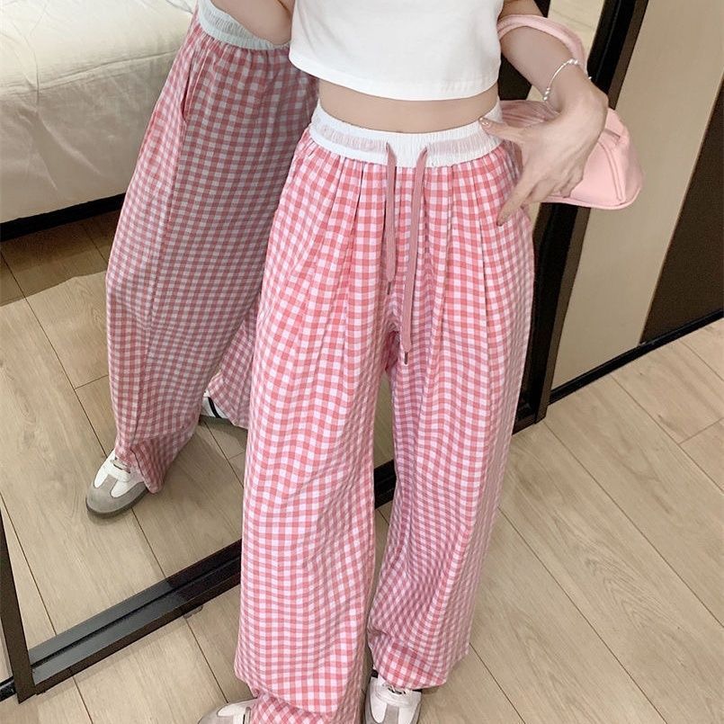 Women's Multi-color Plaid Wide-leg Pants-MO160