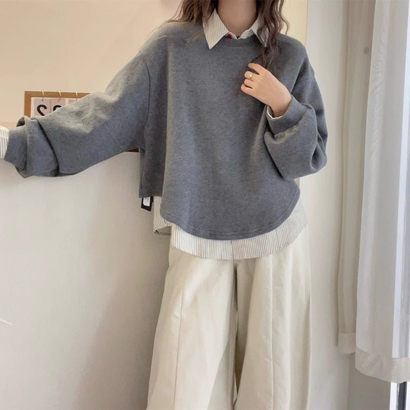 Women's Striped Shirt Stitching Fake Two-piece Sweatshirt-ABS2475WT
