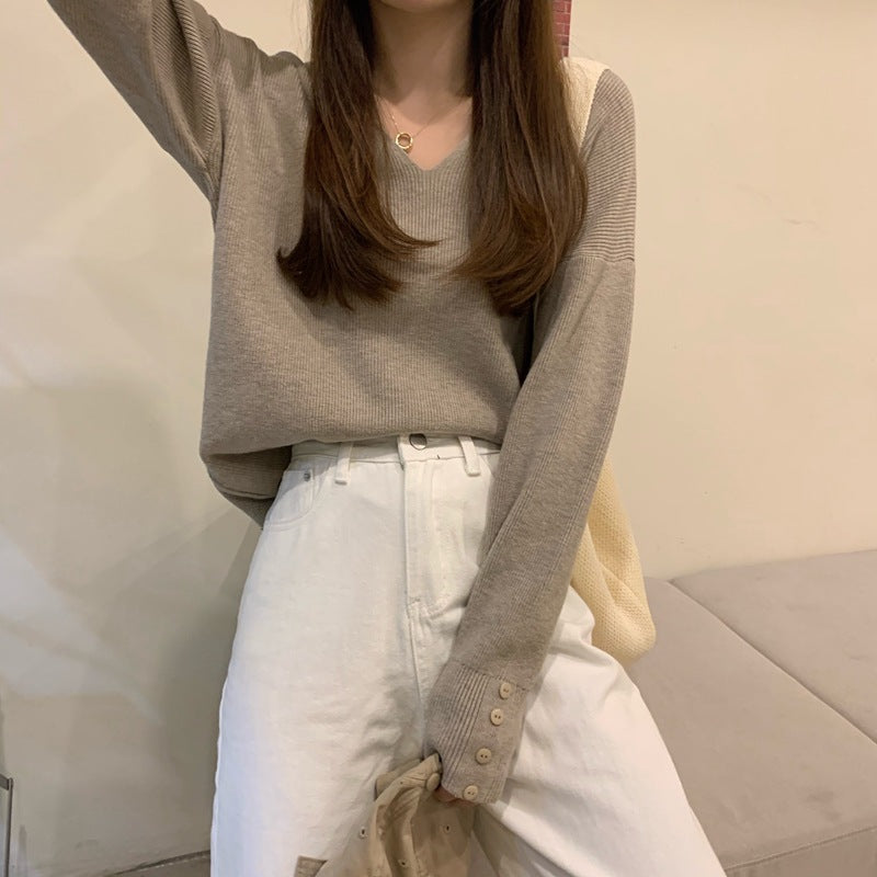Women's Autumn V Neck Long Sleeve T-shirt Knitted Sweater Top-ABS2499BK
