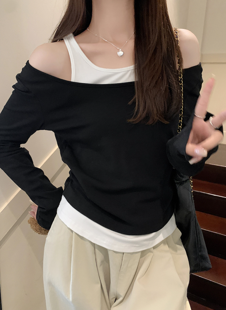 Women's Patchwork Long Sleeve Bottoming T-shirt-ABS2505BK