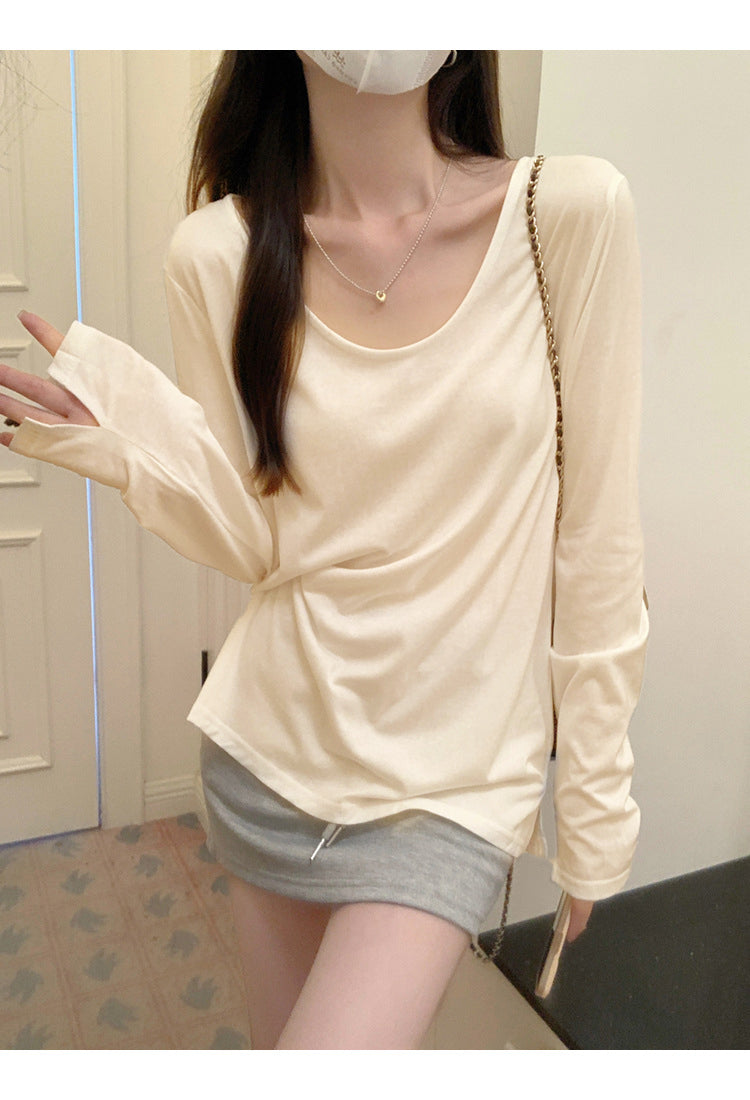 Women's Spring and Autumn Thin Cotton U-neck Long-sleeved T-shirt