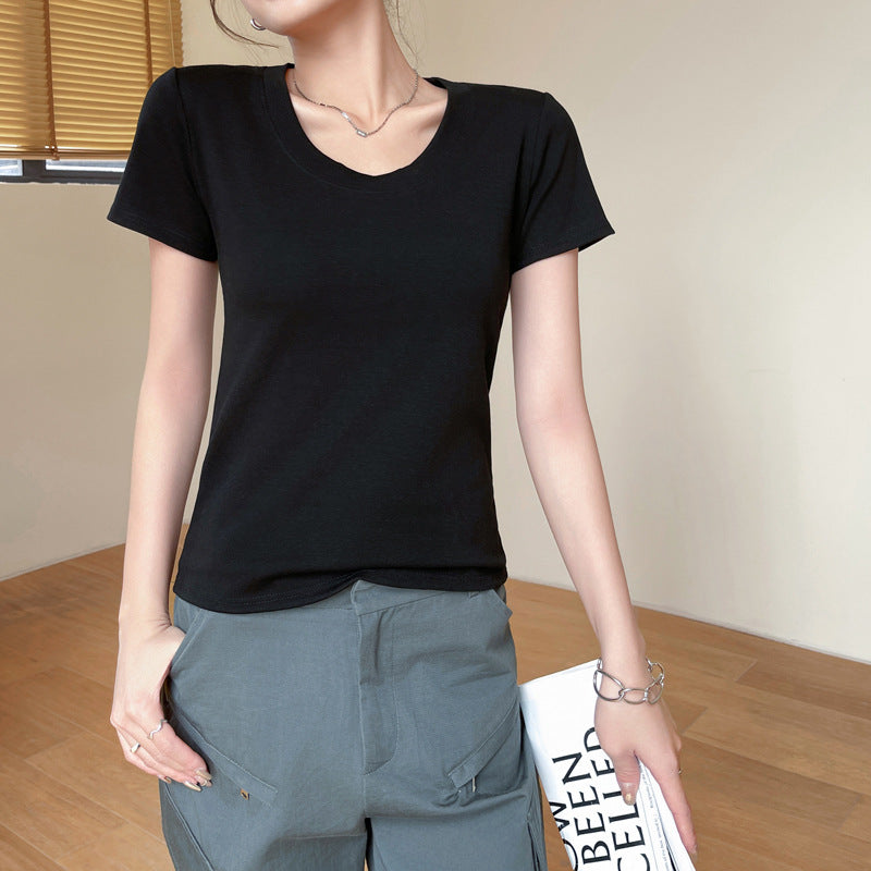 Women's Cotton Round Neck Straight Shoulder Short Sleeve T-shirt-SP&R-100