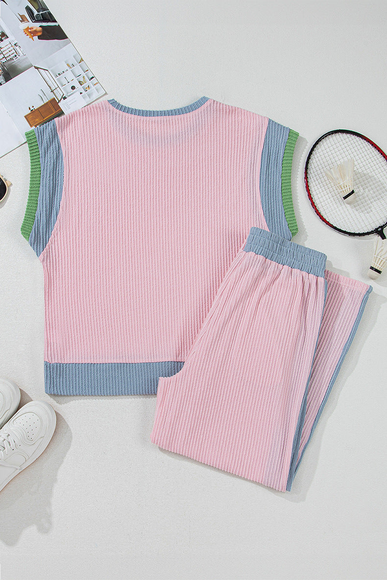 2025 Summer Textured Casual Women Suit Fashion Colorblock Loose Short Sleeve + Long Pants Two-piece Set-BK1980