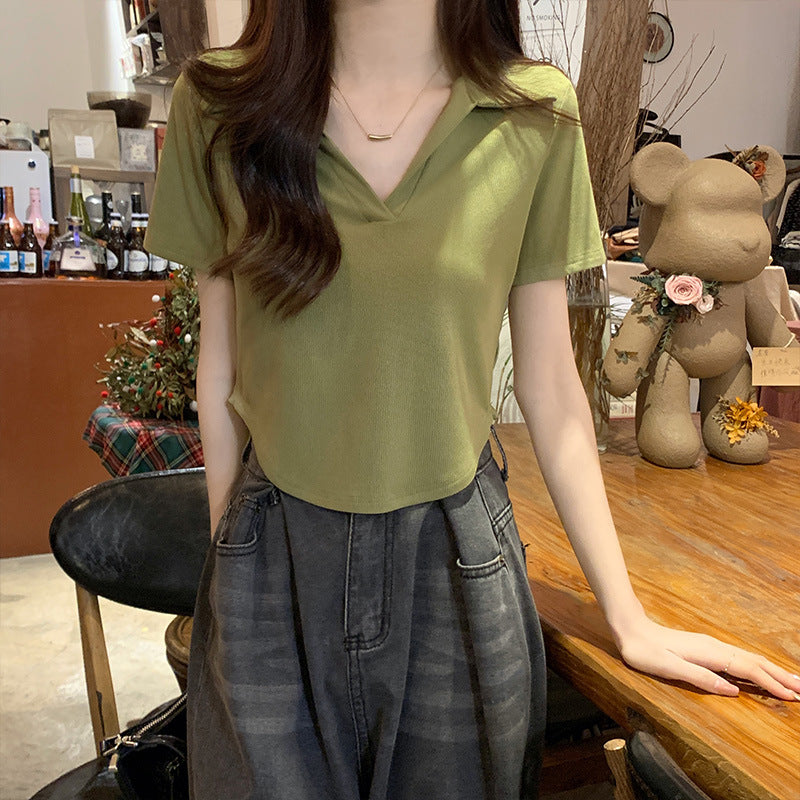 Women's Green Short-sleeve Straight Shoulder T-shirt