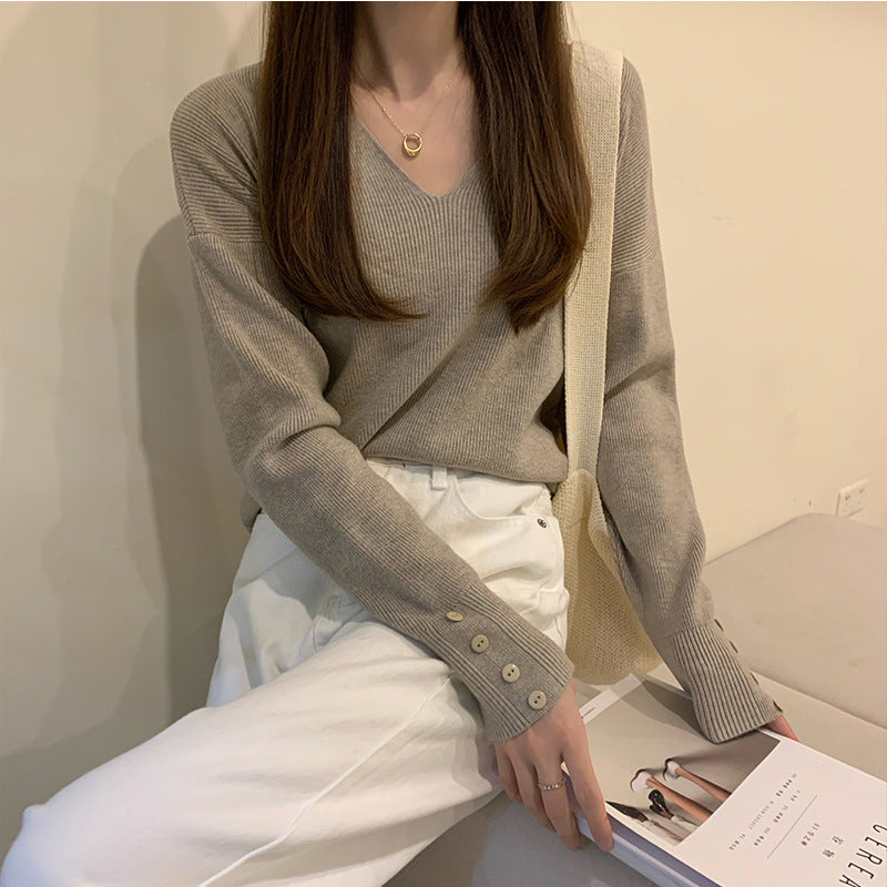 Women's Autumn V Neck Long Sleeve T-shirt Knitted Sweater Top-ABS2499BK