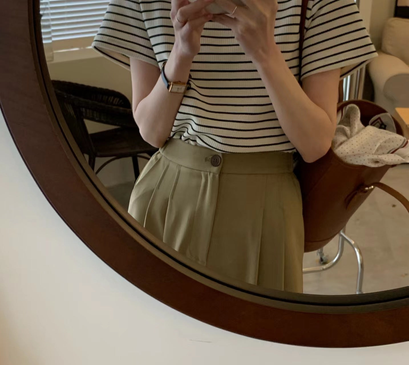 Women's Cotton Waffle Striped Short-sleeved T-shirt