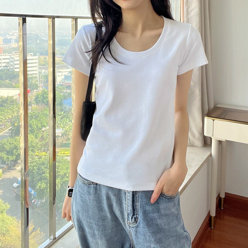 【Clearance】Simple U-neck Short-sleeved T-shirt Women--FP8085WT