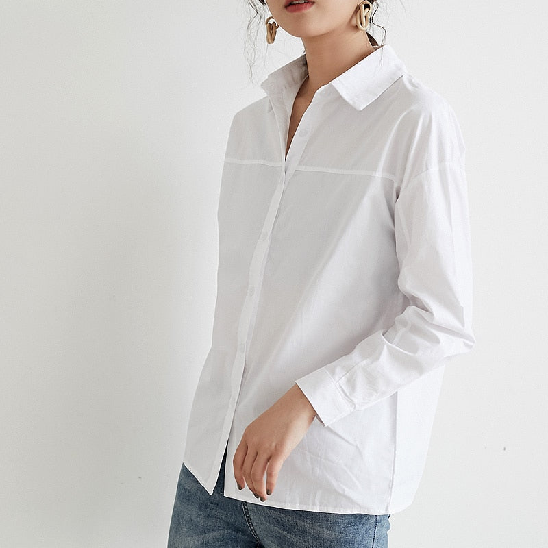 Cotton White Casual Women's Blouse New Autumn Turn-Down Collar Female Blouse Tops-ABT21AP