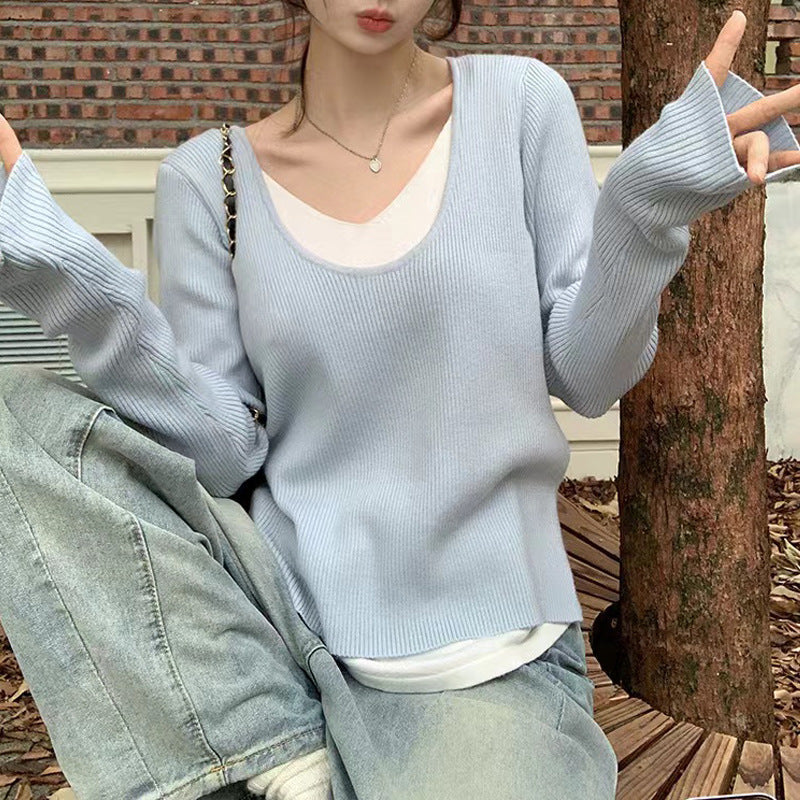 Women's V-neck Fake Two-piece Top with Contrasting Colors Knitted Long Sleeves Shirts-ABS2497BK