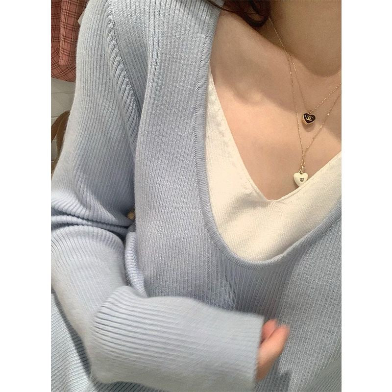 Women's V-neck Fake Two-piece Top with Contrasting Colors Knitted Long Sleeves Shirts-ABS2497BK