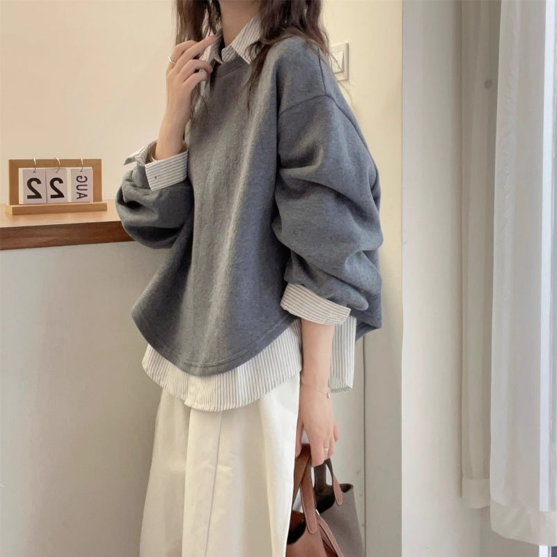 Women's Striped Shirt Stitching Fake Two-piece Sweatshirt-ABS2475WT