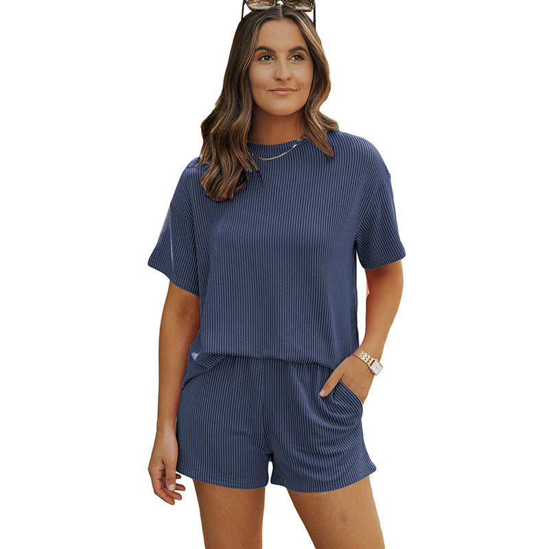 2025 Summer New Solid Color Short-sleeved Tops and Shorts Two-piece Suit- LC625586