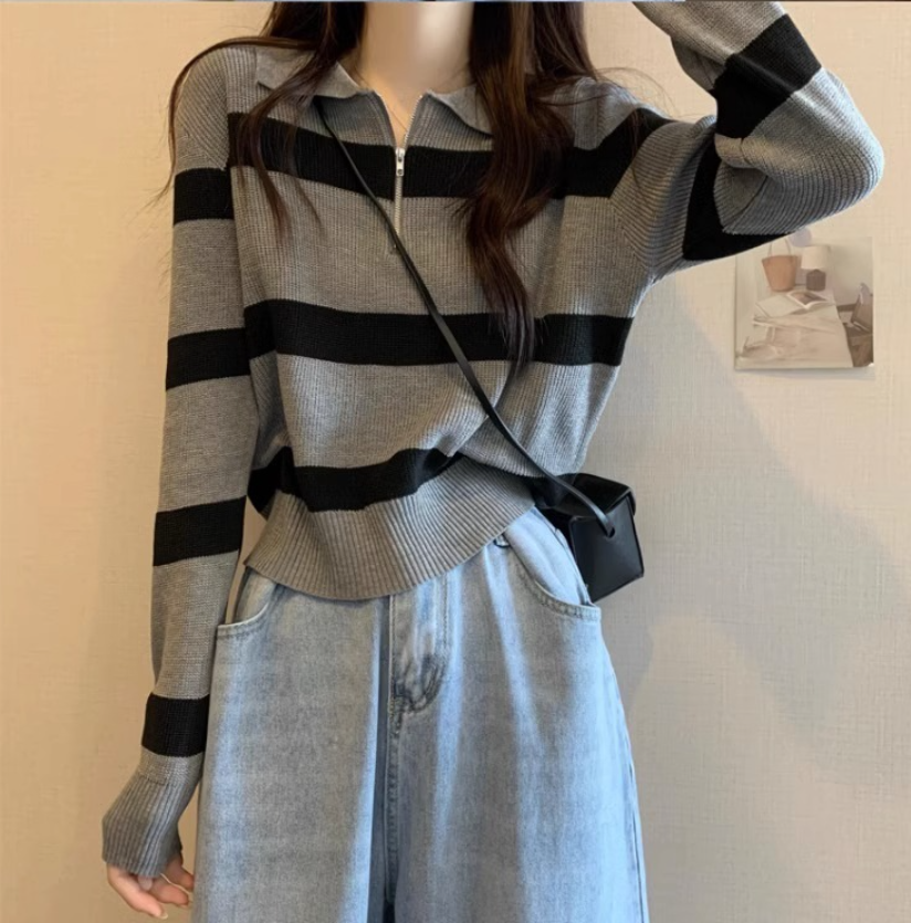 Zippered Sweater with Striped Knitted Sweater Underneath