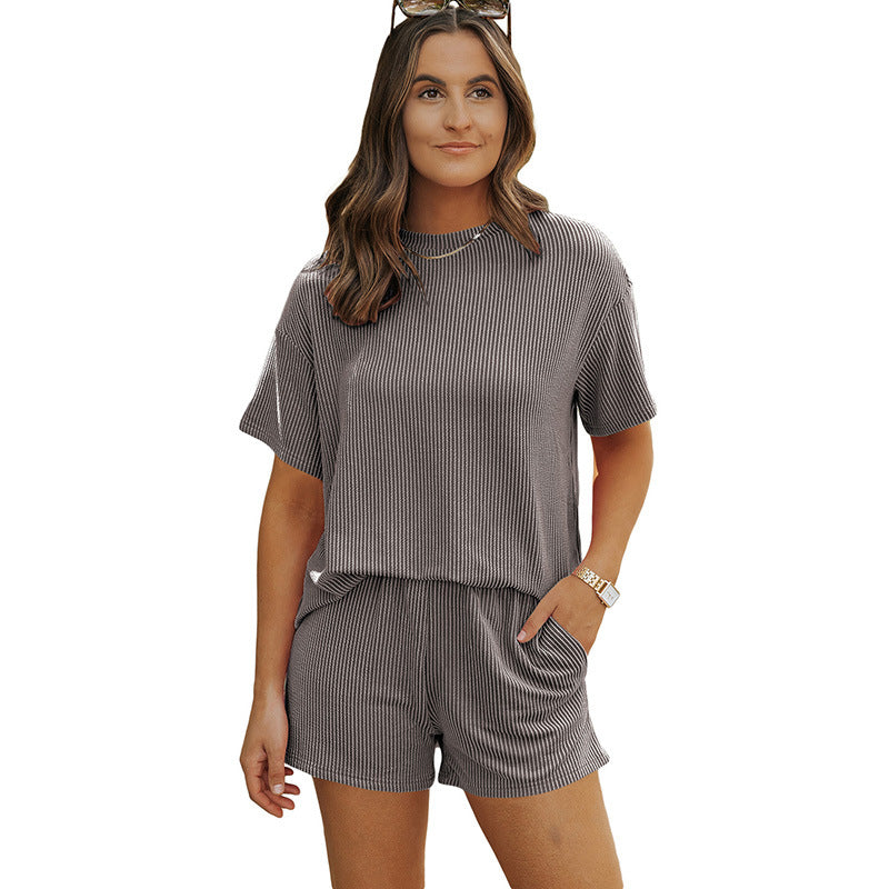 2025 Summer New Solid Color Short-sleeved Tops and Shorts Two-piece Suit- LC625586
