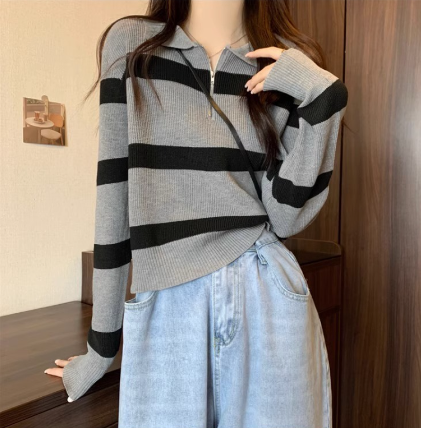 Zippered Sweater with Striped Knitted Sweater Underneath