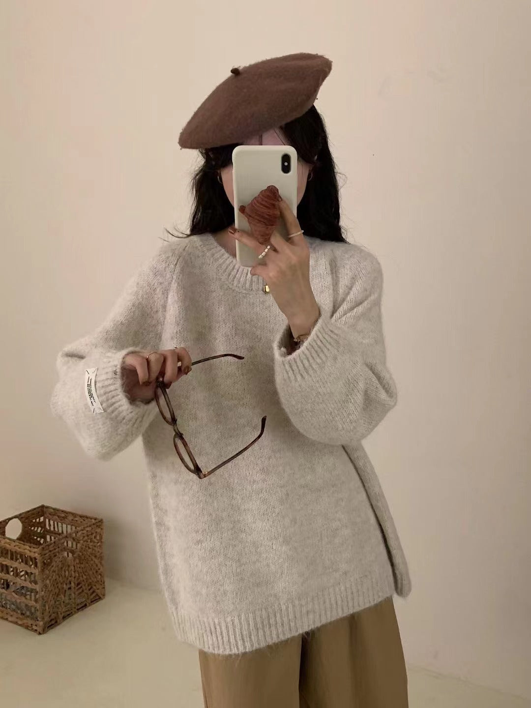 Beige Long-sleeved Thickened Sweater Top
