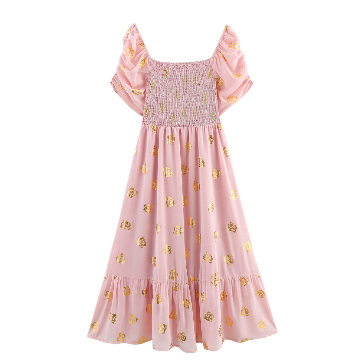 2025 Summer Women's Square Neck Chiffon Gilded Long Dress-E-4171