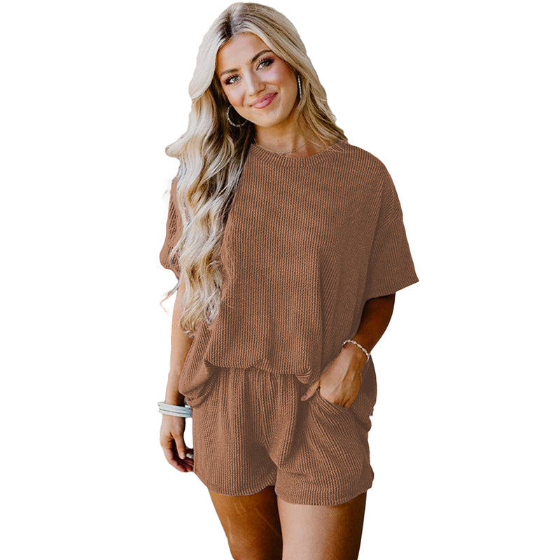 2025 Summer New Solid Color Short-sleeved Tops and Shorts Two-piece Suit- LC625586