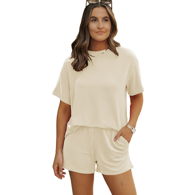 2025 Summer New Solid Color Short-sleeved Tops and Shorts Two-piece Suit- LC625586