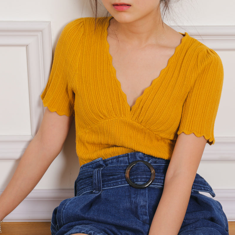 V Puff Sleeved Knit Chic T Shirt