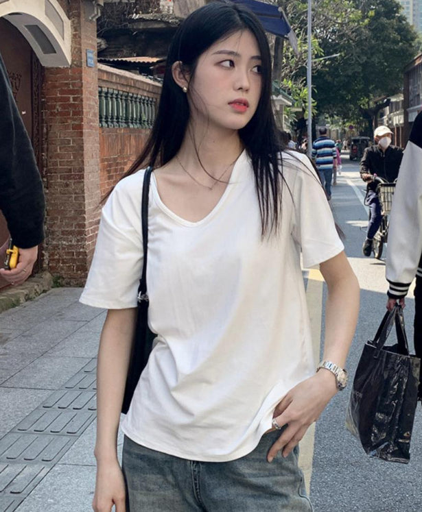 2025 Summer Thin Short-sleeved T-shirt White Women's Top-SPF-238
