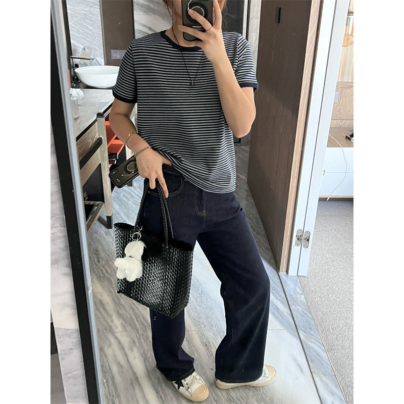 Women's Contrast Color Striped Short Sleeves T-Shirts-ABC21GY