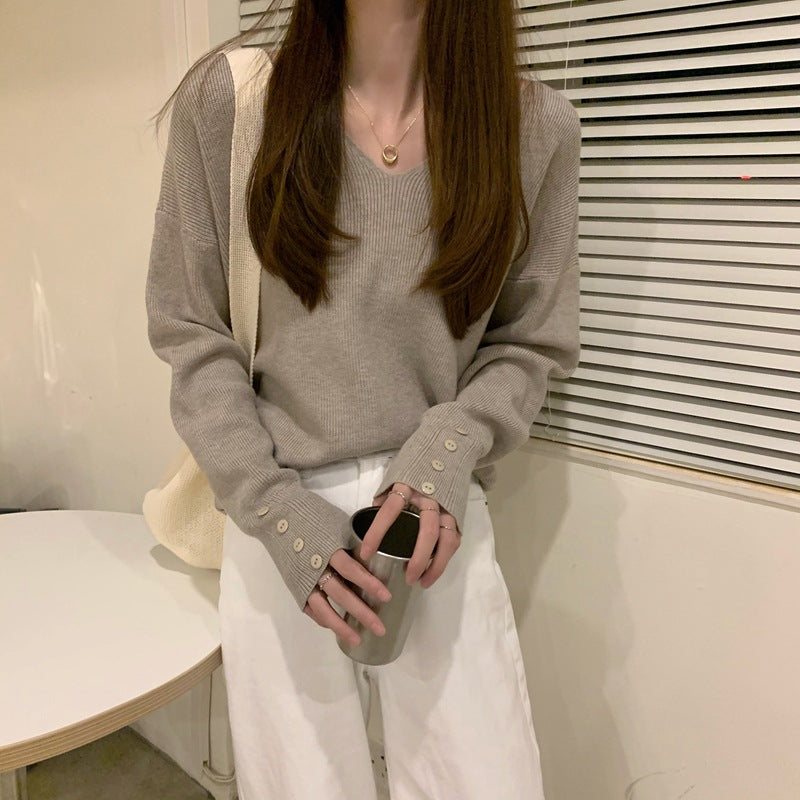 Women's Autumn V Neck Long Sleeve T-shirt Knitted Sweater Top-ABS2499BK