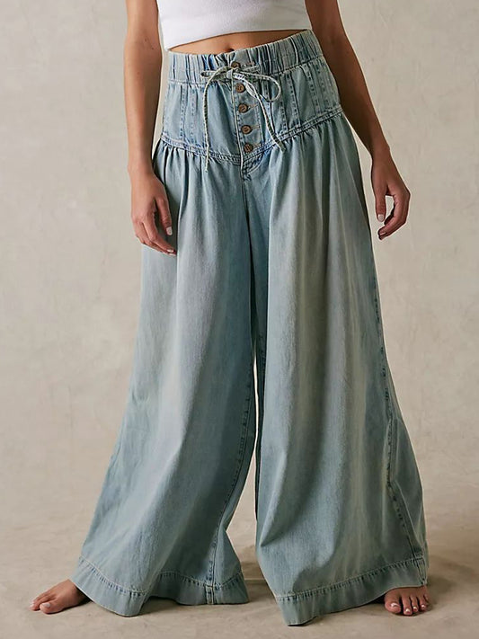 Women's Pleated Mid-waist Tie Loose Wide-leg Jeans