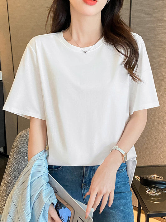 Cotton White T-shirt 2024 Summer Short Sleeve Round Neck Pullover-ABT44WT